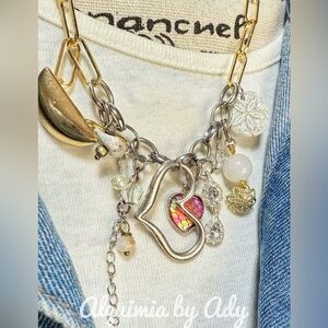 Gold and Silver Heart Charm Necklace with Crystal Accents